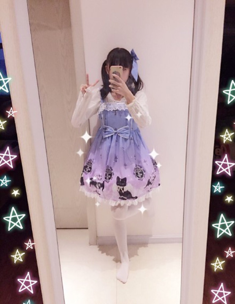 JillpunkオリジナルKERAアニメファンタジー インキュバス猫バトラー夜空プリント ノースリーブワンピースドレスJSK にゃんこ猫娘猫少女レディースロリータ