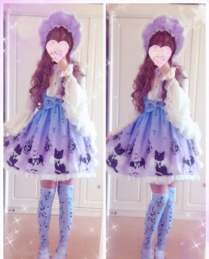 JillpunkオリジナルKERAアニメファンタジー インキュバス猫バトラー夜空プリント ノースリーブワンピースドレスJSK にゃんこ猫娘猫少女レディースロリータ