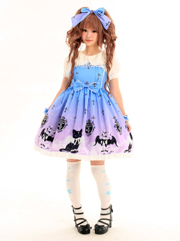 JillpunkオリジナルKERAアニメファンタジー インキュバス猫バトラー夜空プリント ノースリーブワンピースドレスJSK にゃんこ猫娘猫少女レディースロリータ