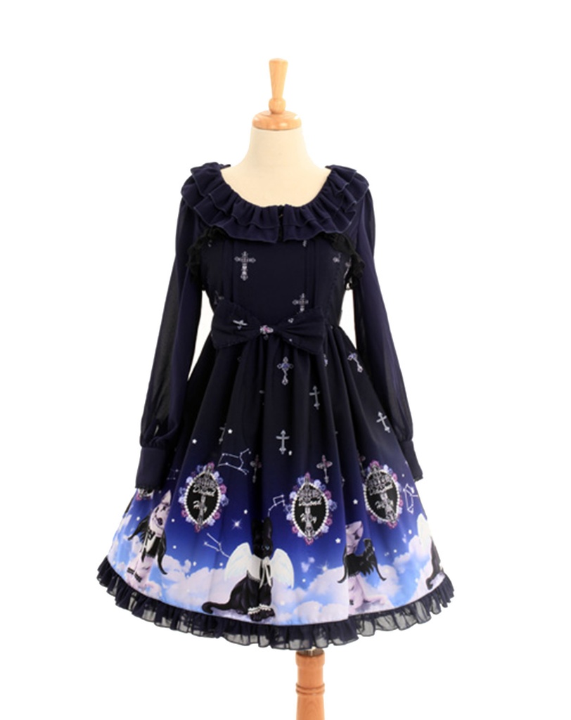 JillpunkオリジナルKERAアニメファンタジー インキュバス猫バトラー夜空プリント ノースリーブワンピースドレスJSK にゃんこ猫娘猫少女レディースロリータ