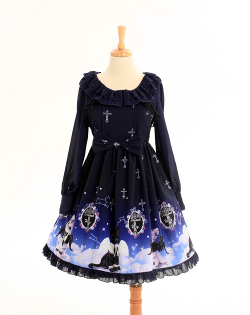 JillpunkオリジナルKERAアニメファンタジー インキュバス猫バトラー夜空プリント ノースリーブワンピースドレスJSK にゃんこ猫娘猫少女レディースロリータ