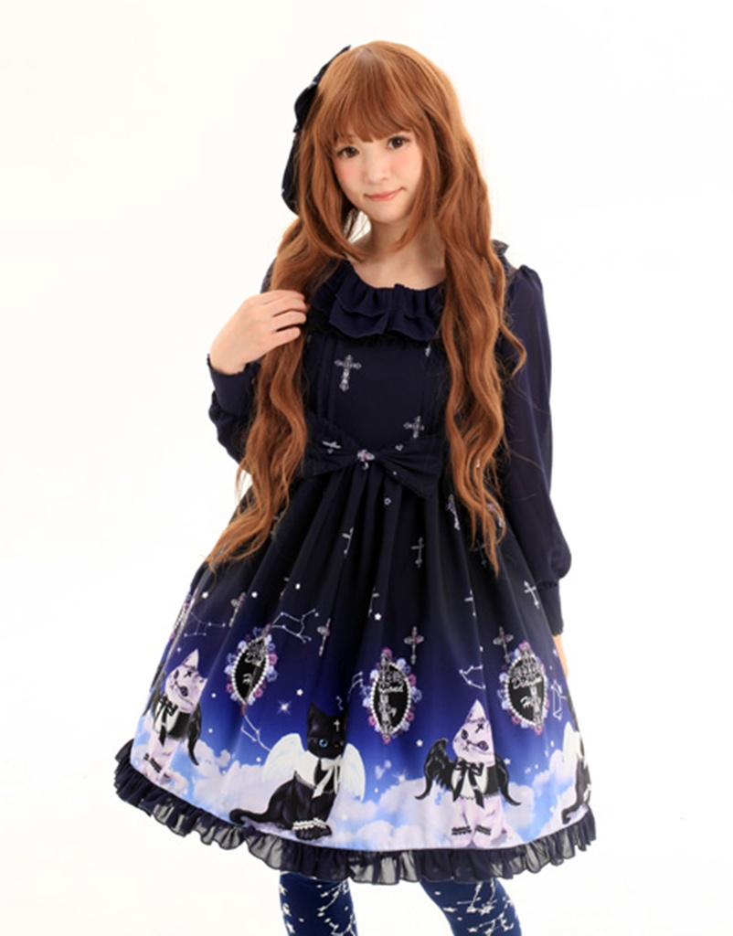 JillpunkオリジナルKERAアニメファンタジー インキュバス猫バトラー夜空プリント ノースリーブワンピースドレスJSK にゃんこ猫娘猫少女レディースロリータ