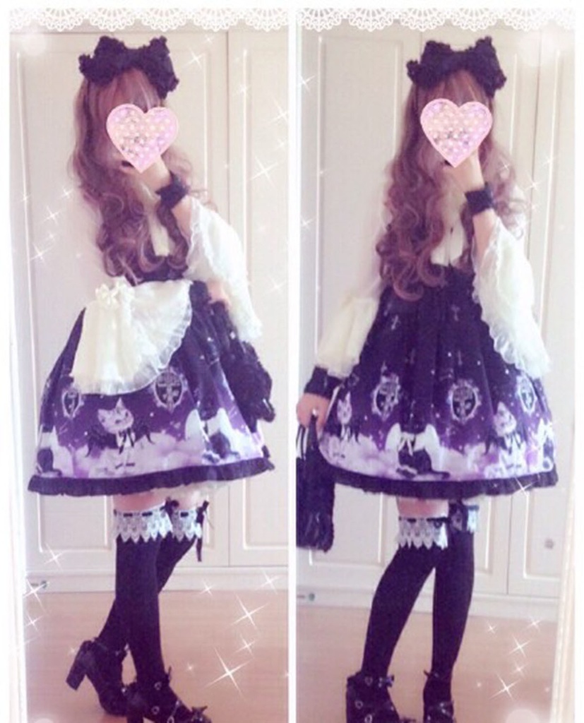 JillpunkオリジナルKERAアニメファンタジー インキュバス猫バトラー夜空プリント ノースリーブワンピースドレスJSK にゃんこ猫娘猫少女レディースロリータ