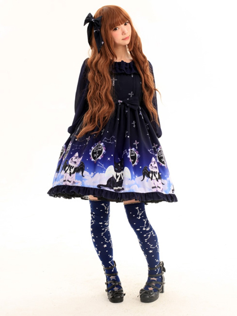 JillpunkオリジナルKERAアニメファンタジー インキュバス猫バトラー夜空プリント ノースリーブワンピースドレスJSK にゃんこ猫娘猫少女レディースロリータ