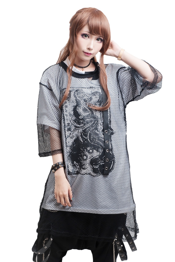 Jillpunkオリジナルスタイル 永遠の愛ムカデ人間フィッシュネットレイヤードゆったりTシャツ ホラー都市伝説V系秋葉原漫画お宅パンク ロック V系KERA