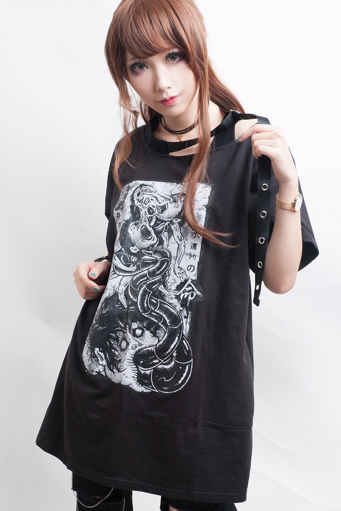 Jillpunkオリジナルスタイル 永遠の愛ムカデ人間フィッシュネットレイヤードゆったりTシャツ ホラー都市伝説V系秋葉原漫画お宅パンク ロック V系KERA