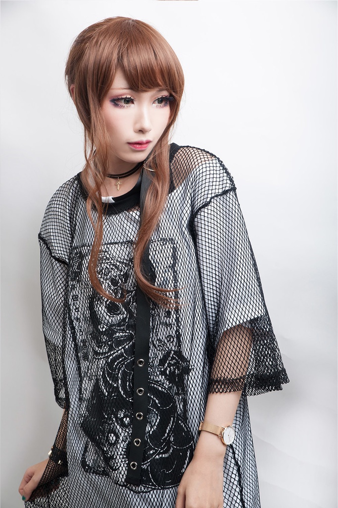 Jillpunkオリジナルスタイル 永遠の愛ムカデ人間フィッシュネットレイヤードゆったりTシャツ ホラー都市伝説V系秋葉原漫画お宅パンク ロック V系KERA