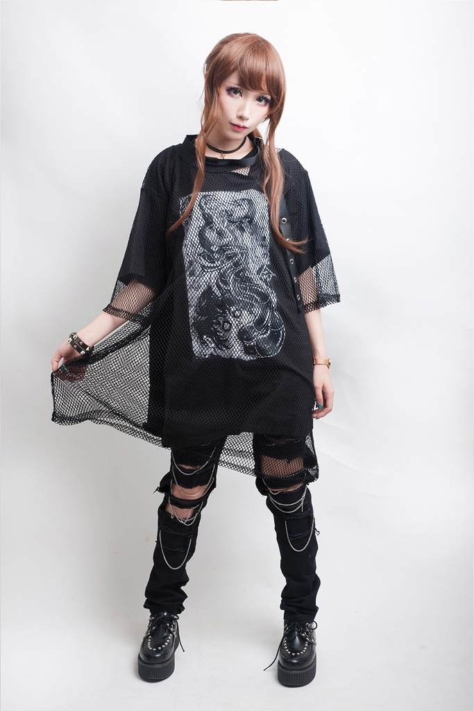 Jillpunkオリジナルスタイル 永遠の愛ムカデ人間フィッシュネットレイヤードゆったりTシャツ ホラー都市伝説V系秋葉原漫画お宅パンク ロック V系KERA