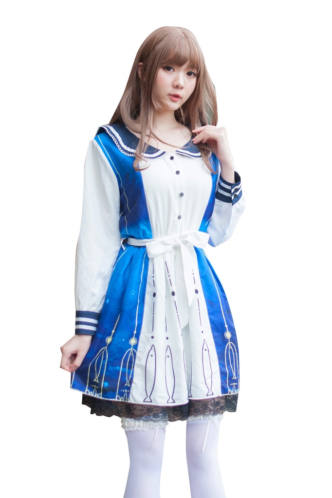 JillpunkオリジナルスタイルKERAアニメファンタジー 蒼き海イルカ惑星水兵服レースヘムパーティードレス ロリータレディース萌えメイド秋葉原