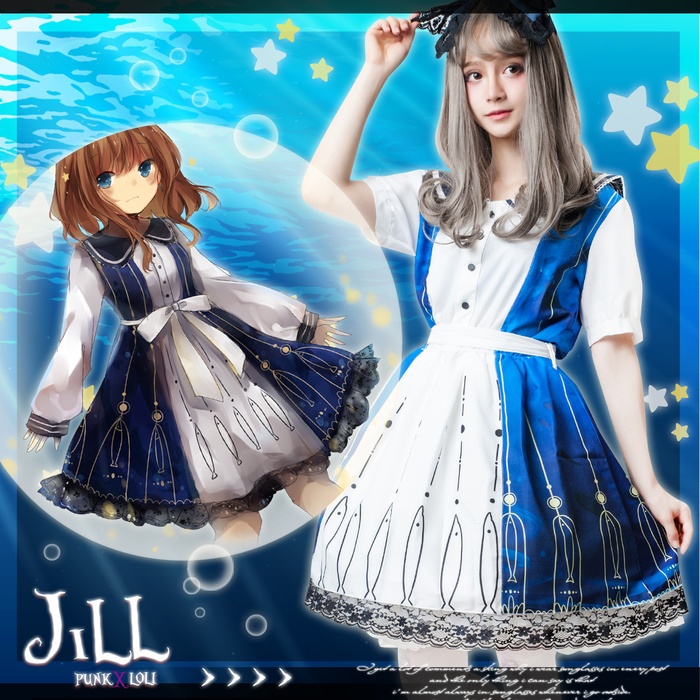 JillpunkオリジナルスタイルKERAアニメファンタジー 蒼き海イルカ惑星水兵服レースヘムパーティードレス ロリータレディース萌えメイド秋葉原