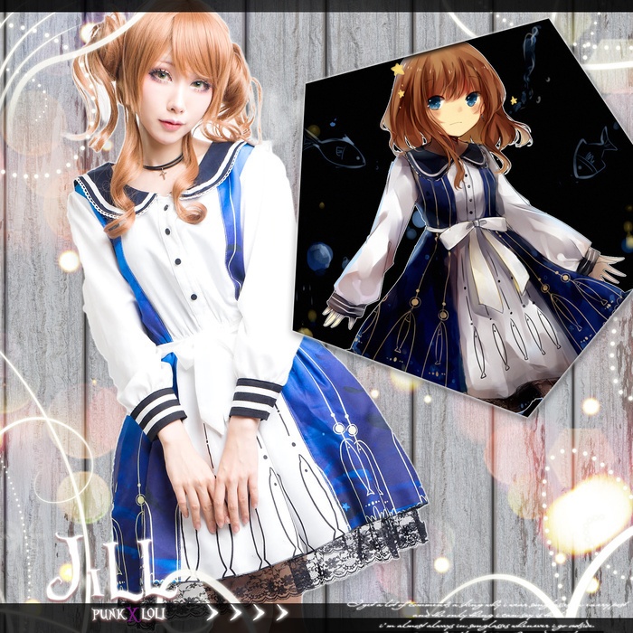 JillpunkオリジナルスタイルKERAアニメファンタジー 蒼き海イルカ惑星水兵服レースヘムパーティードレス ロリータレディース萌えメイド秋葉原