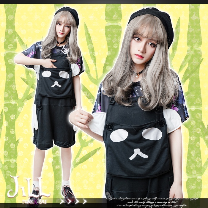 JillpunkオリジナルKERA 二次コンピカソパンダ マスコットぱんだショートサロペットオーバーオール ロリータレディース猫系