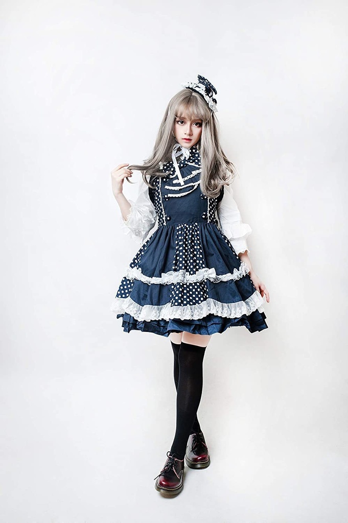 JillpunkオリジナルスタイルKERAアニメファンタジー エンドウ豆の上のお姫さま帽子付き水玉模様ショルダーストラップドレス ロリータレディースV系COSPLAYコスプレメイド