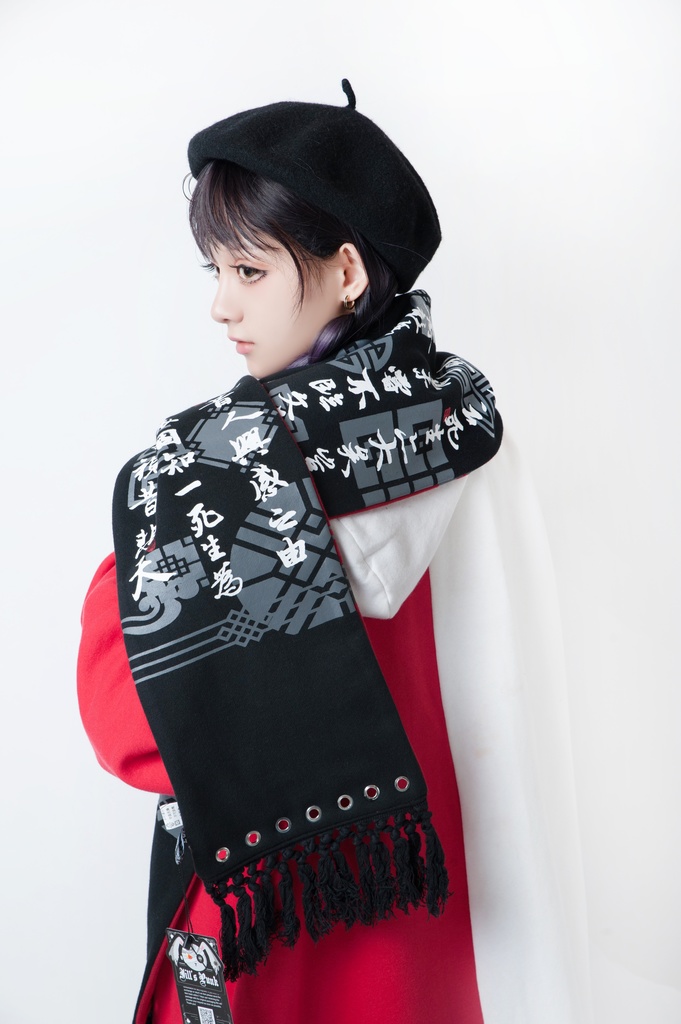 JillpunkオリジナルパンクKERA アニメファンタジー中華風書聖蘭亭序漢字書道タッセルリバーシプルチャイナスカーフマフラー圍巾 おしゃれ仮装 本格制服 男女兼用秋葉系防寒 保温 運動 遠足 旅行カッコいい