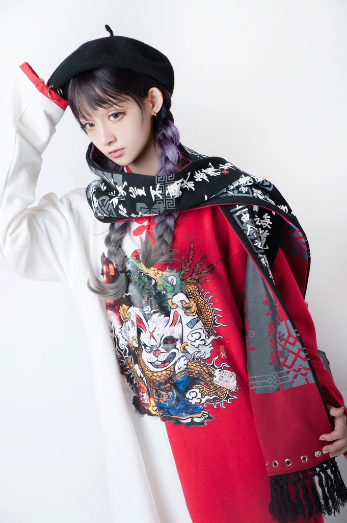 JillpunkオリジナルパンクKERA アニメファンタジー中華風書聖蘭亭序漢字書道タッセルリバーシプルチャイナスカーフマフラー圍巾 おしゃれ仮装 本格制服 男女兼用秋葉系防寒 保温 運動 遠足 旅行カッコいい