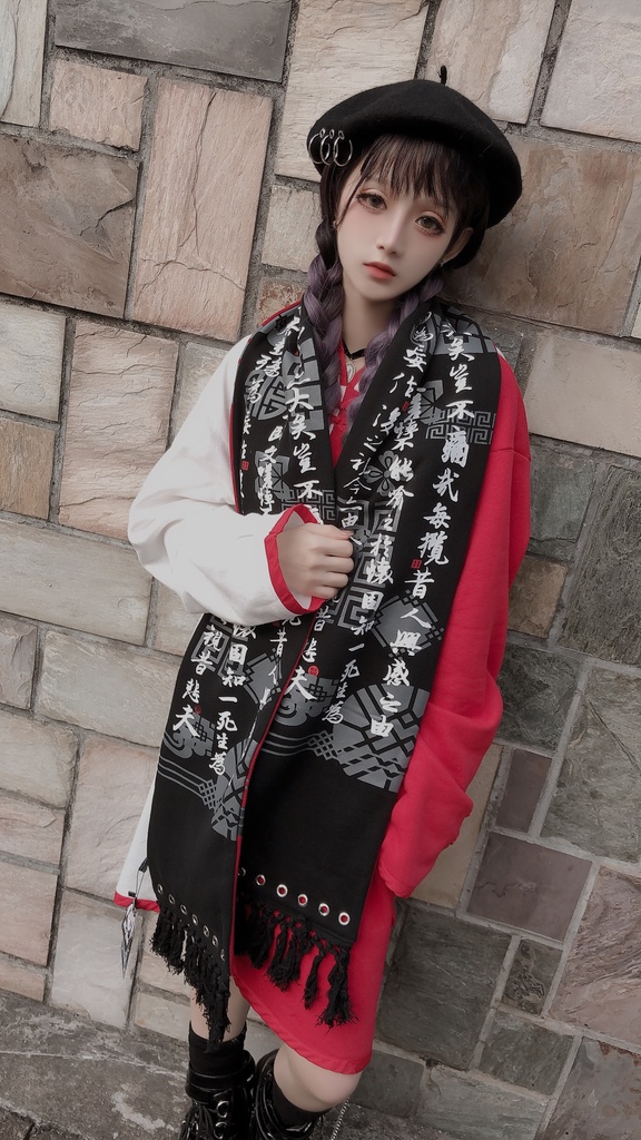 JillpunkオリジナルパンクKERA アニメファンタジー中華風書聖蘭亭序漢字書道タッセルリバーシプルチャイナスカーフマフラー圍巾 おしゃれ仮装 本格制服 男女兼用秋葉系防寒 保温 運動 遠足 旅行カッコいい