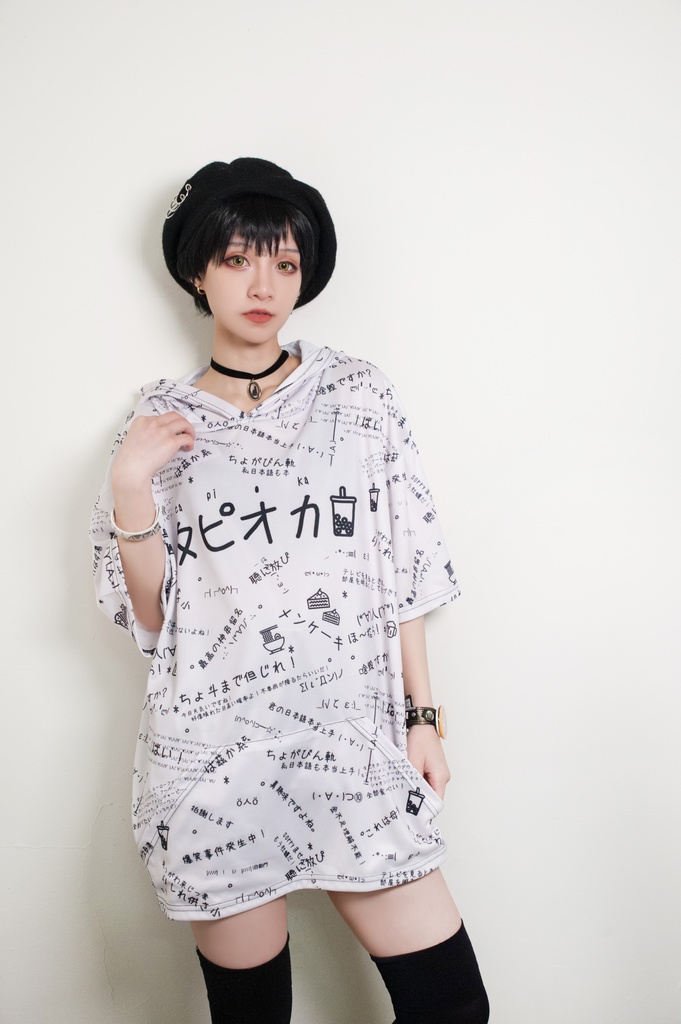 JillpunkオリジナルパンクKERA 偽日本語タピオカ珍珠奶茶超かわいいお宅顔文字仮名フルプリントゆったり長袖半袖スウェットパーカーフード付ジャケット メンズ レディー V系 おしゃれ大きいサイズ男女兼用ファッション秋葉系