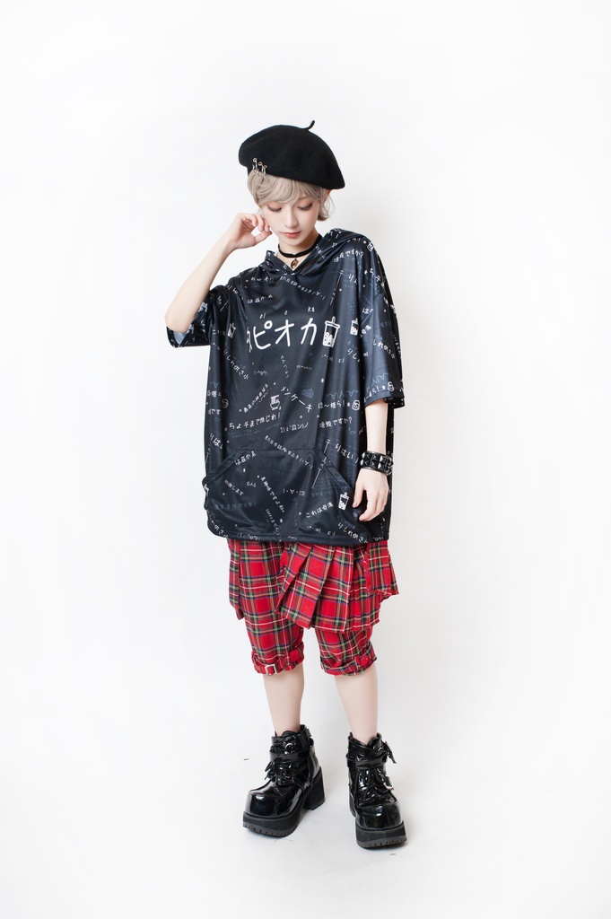 JillpunkオリジナルパンクKERA 偽日本語タピオカ珍珠奶茶超かわいいお宅顔文字仮名フルプリントゆったり長袖半袖スウェットパーカーフード付ジャケット メンズ レディー V系 おしゃれ大きいサイズ男女兼用ファッション秋葉系