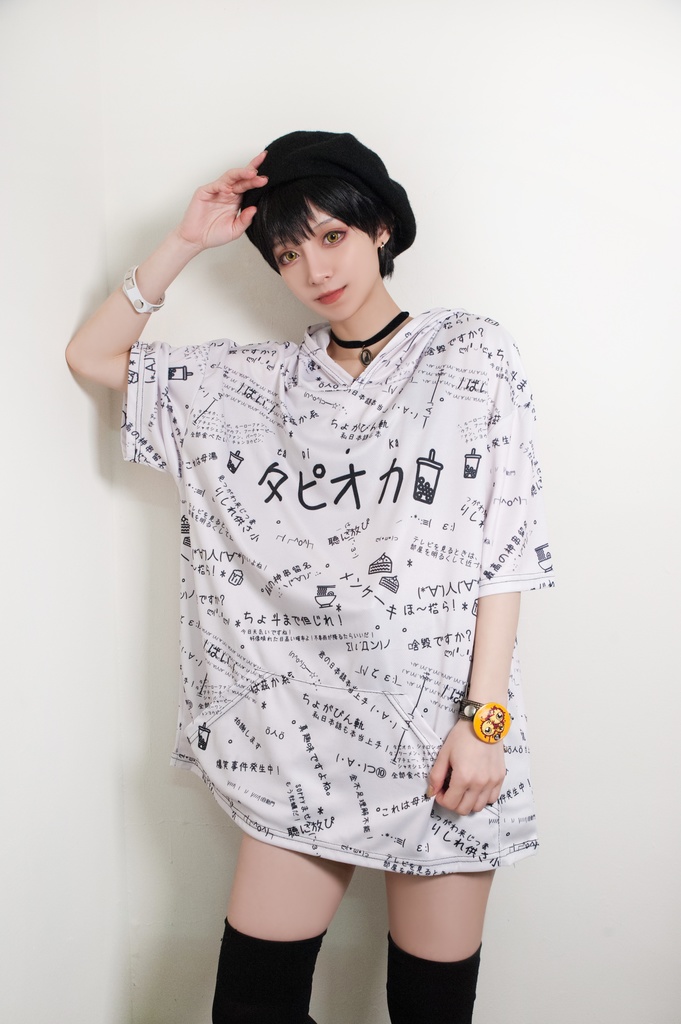 JillpunkオリジナルパンクKERA 偽日本語タピオカ珍珠奶茶超かわいいお宅顔文字仮名フルプリントゆったり長袖半袖スウェットパーカーフード付ジャケット メンズ レディー V系 おしゃれ大きいサイズ男女兼用ファッション秋葉系