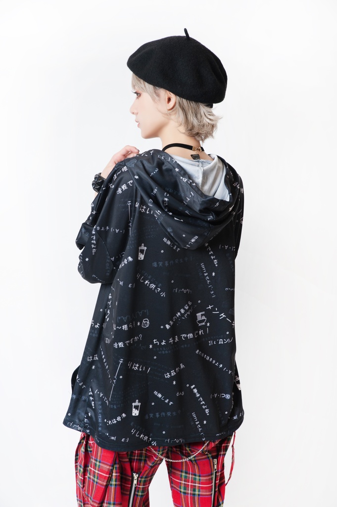 JillpunkオリジナルパンクKERA 偽日本語タピオカ珍珠奶茶超かわいいお宅顔文字仮名フルプリントゆったり長袖半袖スウェットパーカーフード付ジャケット メンズ レディー V系 おしゃれ大きいサイズ男女兼用ファッション秋葉系