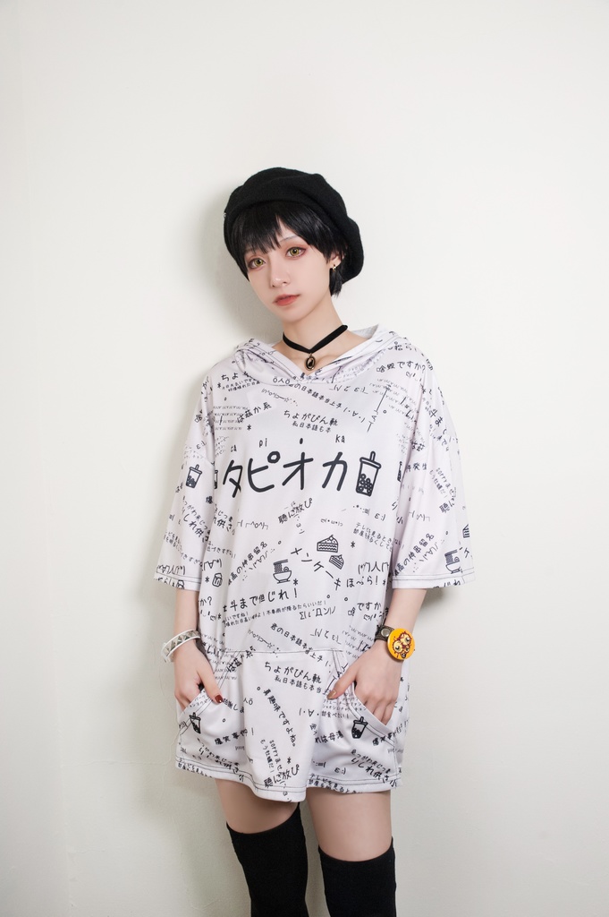 JillpunkオリジナルパンクKERA 偽日本語タピオカ珍珠奶茶超かわいいお宅顔文字仮名フルプリントゆったり長袖半袖スウェットパーカーフード付ジャケット メンズ レディー V系 おしゃれ大きいサイズ男女兼用ファッション秋葉系