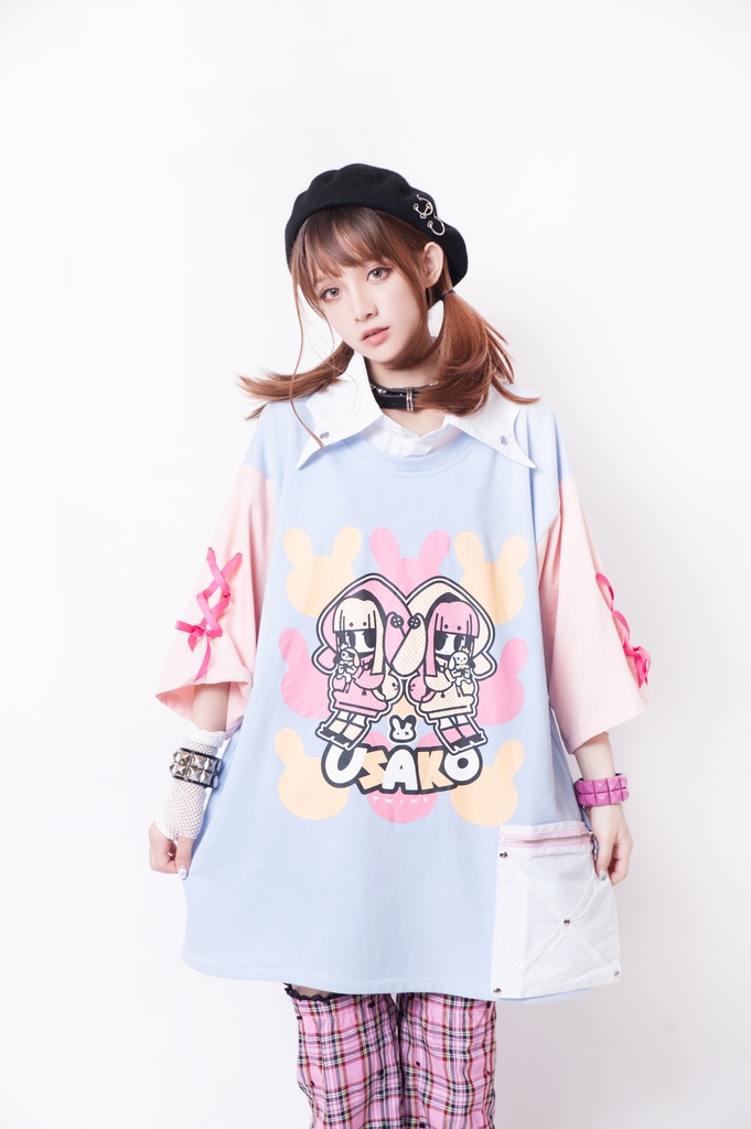 JillpunkオリジナルKERA ちび双子兎USAKOレースアップリボン袖レイヤードpoloネックゆったり Tシャツカットソー メンズ レディー V系おしゃれ大きいサイズ男女兼用ファッション秋葉系病みかわ萌え可愛いメンヘラヤンデレ