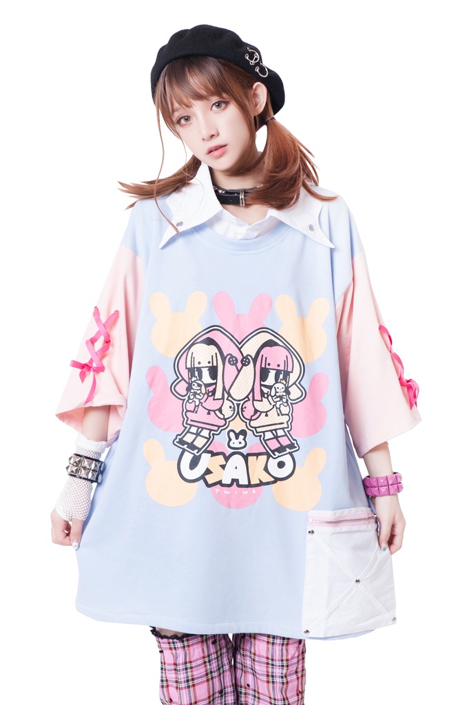 JillpunkオリジナルKERA ちび双子兎USAKOレースアップリボン袖レイヤードpoloネックゆったり Tシャツカットソー メンズ レディー V系おしゃれ大きいサイズ男女兼用ファッション秋葉系病みかわ萌え可愛いメンヘラヤンデレ