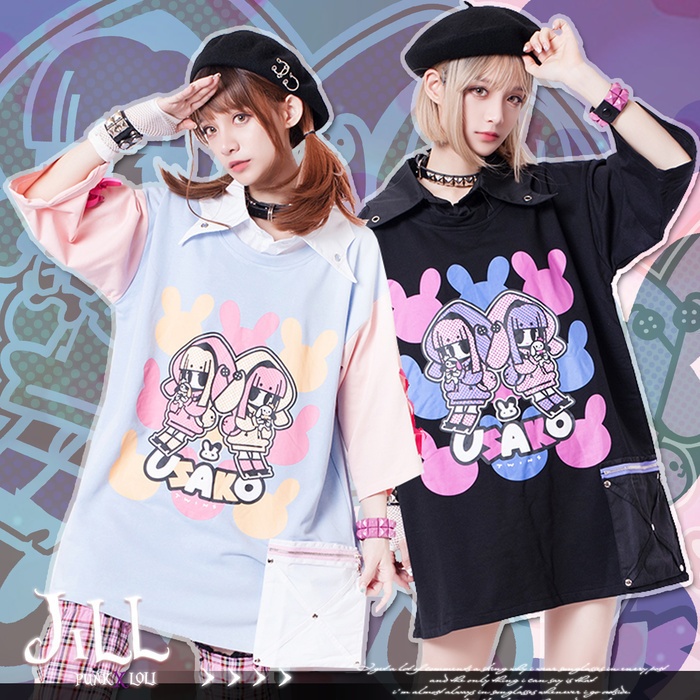 JillpunkオリジナルKERA ちび双子兎USAKOレースアップリボン袖レイヤードpoloネックゆったり Tシャツカットソー メンズ レディー V系おしゃれ大きいサイズ男女兼用ファッション秋葉系病みかわ萌え可愛いメンヘラヤンデレ