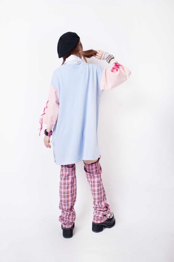 JillpunkオリジナルKERA ちび双子兎USAKOレースアップリボン袖レイヤードpoloネックゆったり Tシャツカットソー メンズ レディー V系おしゃれ大きいサイズ男女兼用ファッション秋葉系病みかわ萌え可愛いメンヘラヤンデレ