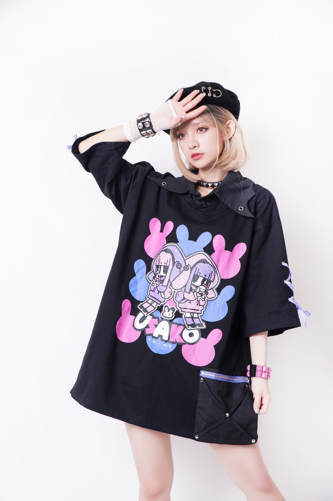 JillpunkオリジナルKERA ちび双子兎USAKOレースアップリボン袖レイヤードpoloネックゆったり Tシャツカットソー メンズ レディー V系おしゃれ大きいサイズ男女兼用ファッション秋葉系病みかわ萌え可愛いメンヘラヤンデレ