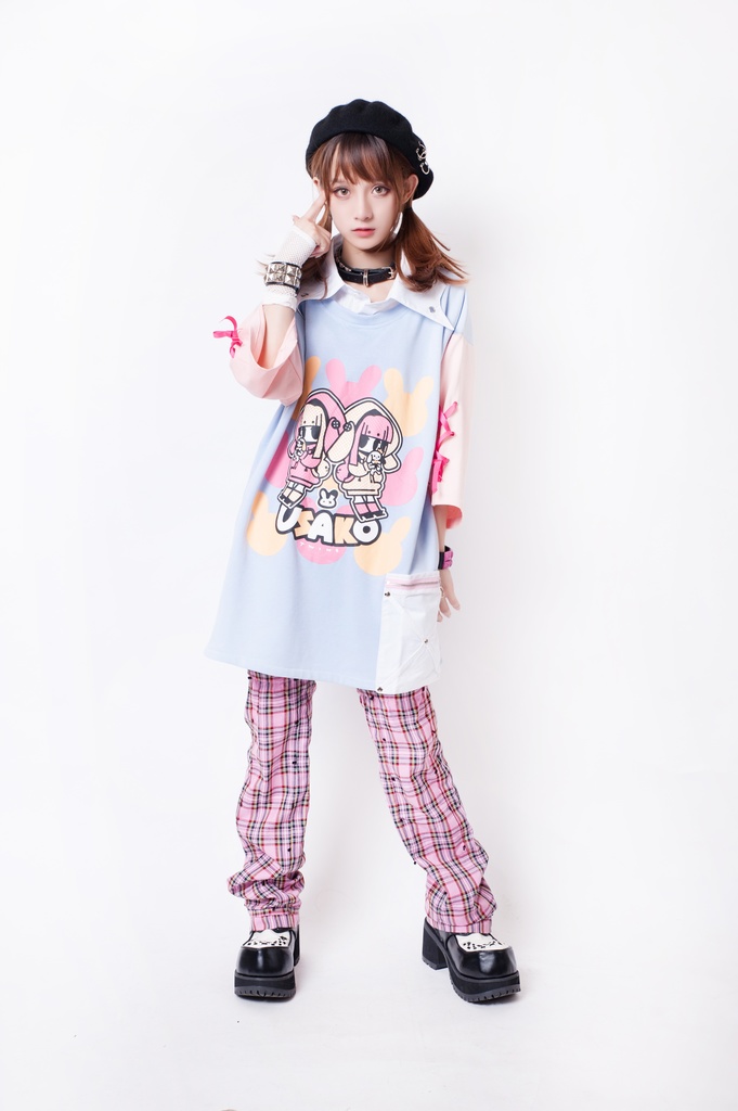 JillpunkオリジナルKERA ちび双子兎USAKOレースアップリボン袖レイヤードpoloネックゆったり Tシャツカットソー メンズ レディー V系おしゃれ大きいサイズ男女兼用ファッション秋葉系病みかわ萌え可愛いメンヘラヤンデレ