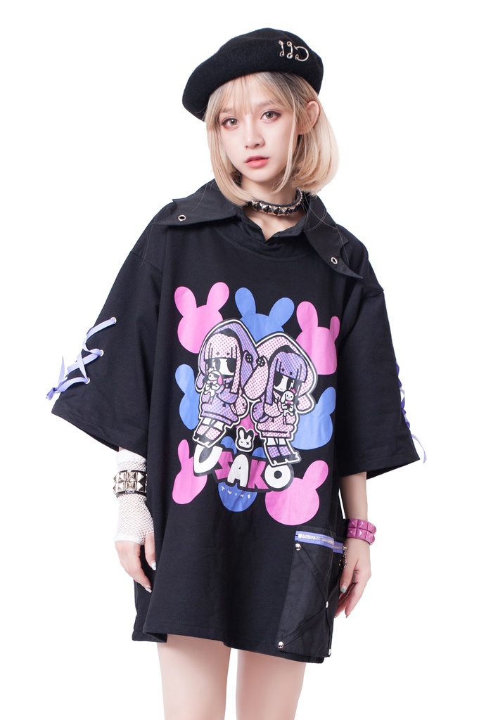 JillpunkオリジナルKERA ちび双子兎USAKOレースアップリボン袖レイヤードpoloネックゆったり Tシャツカットソー メンズ レディー V系おしゃれ大きいサイズ男女兼用ファッション秋葉系病みかわ萌え可愛いメンヘラヤンデレ