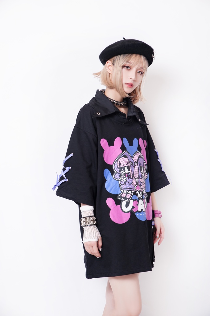 JillpunkオリジナルKERA ちび双子兎USAKOレースアップリボン袖レイヤードpoloネックゆったり Tシャツカットソー メンズ レディー V系おしゃれ大きいサイズ男女兼用ファッション秋葉系病みかわ萌え可愛いメンヘラヤンデレ