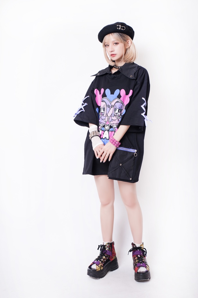 JillpunkオリジナルKERA ちび双子兎USAKOレースアップリボン袖レイヤードpoloネックゆったり Tシャツカットソー メンズ レディー V系おしゃれ大きいサイズ男女兼用ファッション秋葉系病みかわ萌え可愛いメンヘラヤンデレ