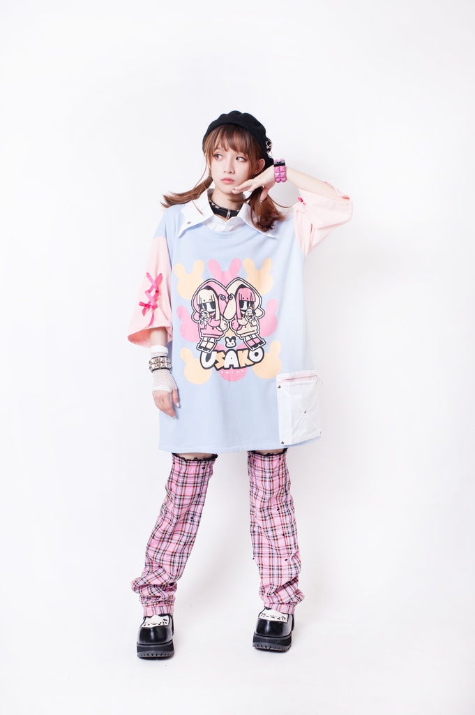 JillpunkオリジナルKERA ちび双子兎USAKOレースアップリボン袖レイヤードpoloネックゆったり Tシャツカットソー メンズ レディー V系おしゃれ大きいサイズ男女兼用ファッション秋葉系病みかわ萌え可愛いメンヘラヤンデレ