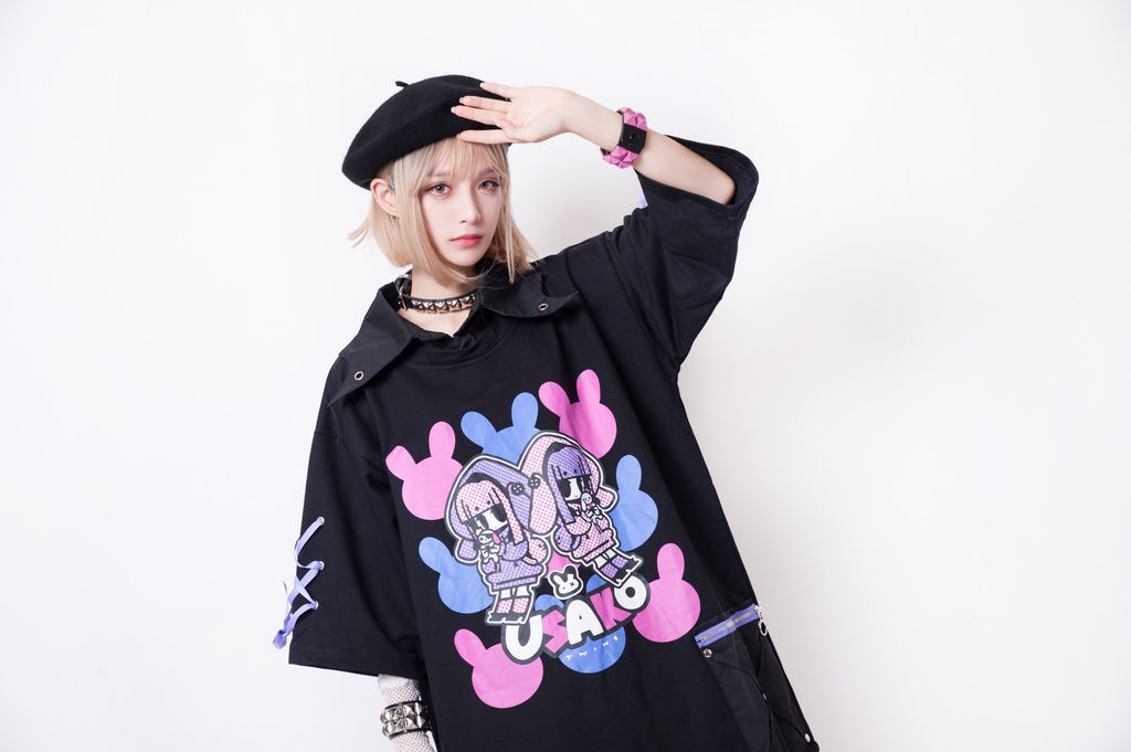 JillpunkオリジナルKERA ちび双子兎USAKOレースアップリボン袖レイヤードpoloネックゆったり Tシャツカットソー メンズ レディー V系おしゃれ大きいサイズ男女兼用ファッション秋葉系病みかわ萌え可愛いメンヘラヤンデレ