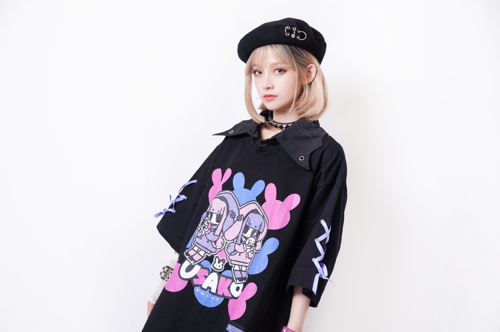 JillpunkオリジナルKERA ちび双子兎USAKOレースアップリボン袖レイヤードpoloネックゆったり Tシャツカットソー メンズ レディー V系おしゃれ大きいサイズ男女兼用ファッション秋葉系病みかわ萌え可愛いメンヘラヤンデレ