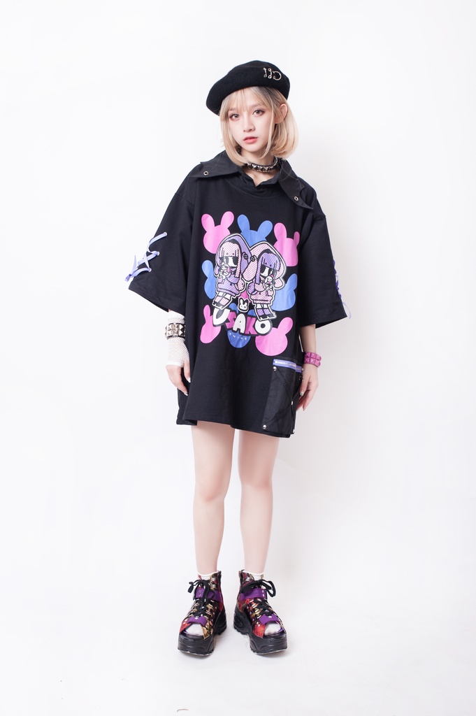 JillpunkオリジナルKERA ちび双子兎USAKOレースアップリボン袖レイヤードpoloネックゆったり Tシャツカットソー メンズ レディー V系おしゃれ大きいサイズ男女兼用ファッション秋葉系病みかわ萌え可愛いメンヘラヤンデレ