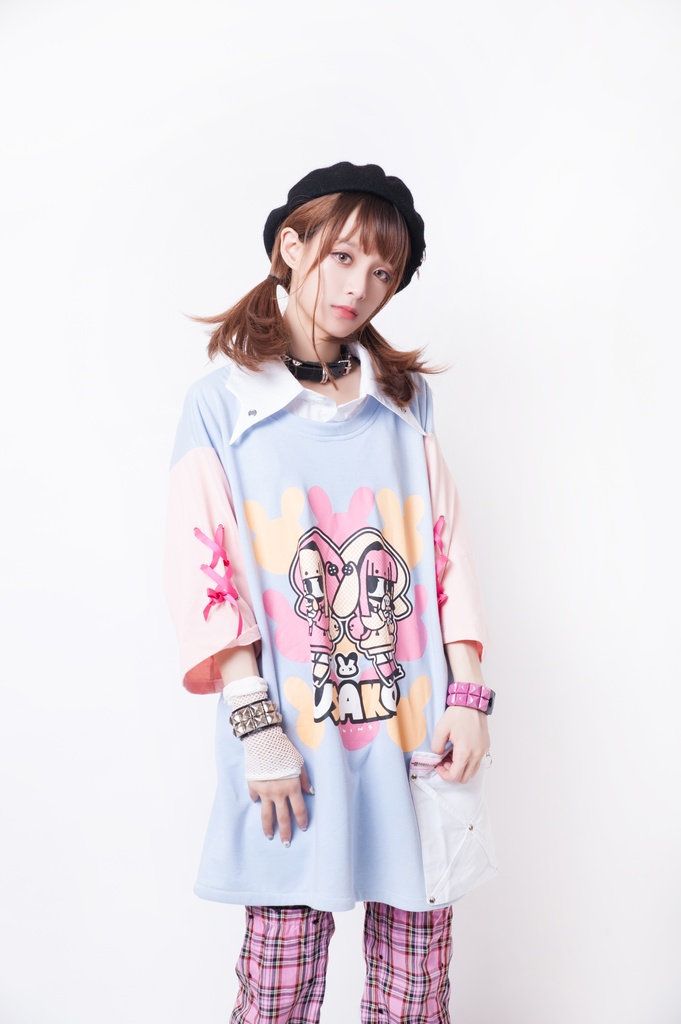 JillpunkオリジナルKERA ちび双子兎USAKOレースアップリボン袖レイヤードpoloネックゆったり Tシャツカットソー メンズ レディー V系おしゃれ大きいサイズ男女兼用ファッション秋葉系病みかわ萌え可愛いメンヘラヤンデレ