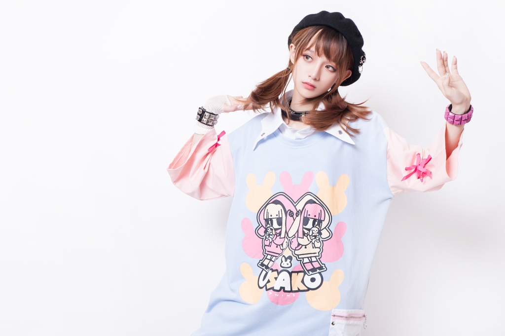 JillpunkオリジナルKERA ちび双子兎USAKOレースアップリボン袖レイヤードpoloネックゆったり Tシャツカットソー メンズ レディー V系おしゃれ大きいサイズ男女兼用ファッション秋葉系病みかわ萌え可愛いメンヘラヤンデレ