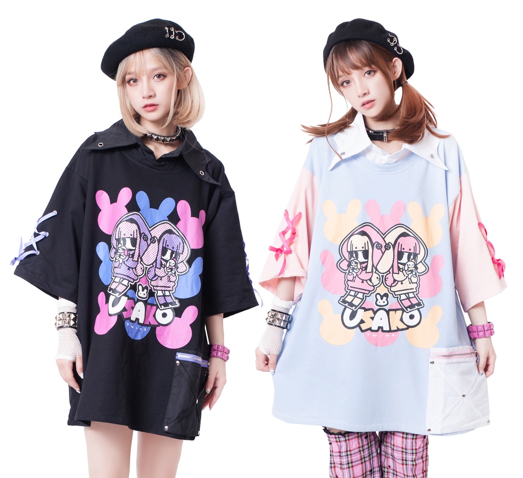 JillpunkオリジナルKERA ちび双子兎USAKOレースアップリボン袖レイヤードpoloネックゆったり Tシャツカットソー メンズ レディー V系おしゃれ大きいサイズ男女兼用ファッション秋葉系病みかわ萌え可愛いメンヘラヤンデレ