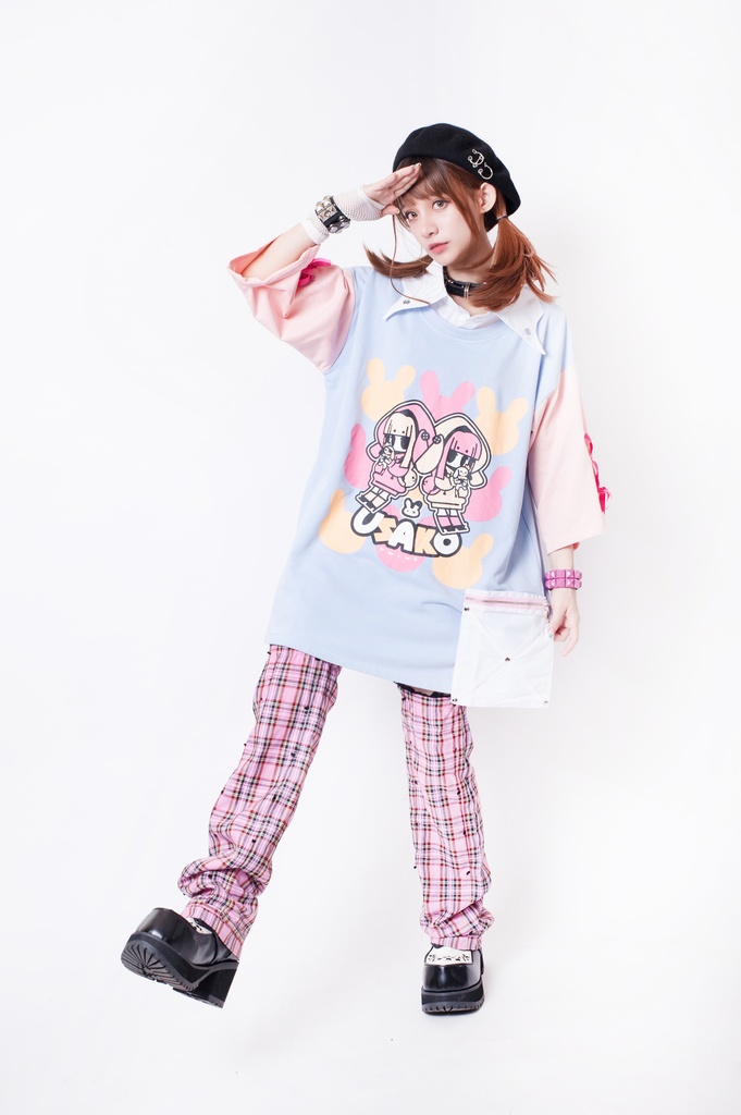 JillpunkオリジナルKERA ちび双子兎USAKOレースアップリボン袖レイヤードpoloネックゆったり Tシャツカットソー メンズ レディー V系おしゃれ大きいサイズ男女兼用ファッション秋葉系病みかわ萌え可愛いメンヘラヤンデレ