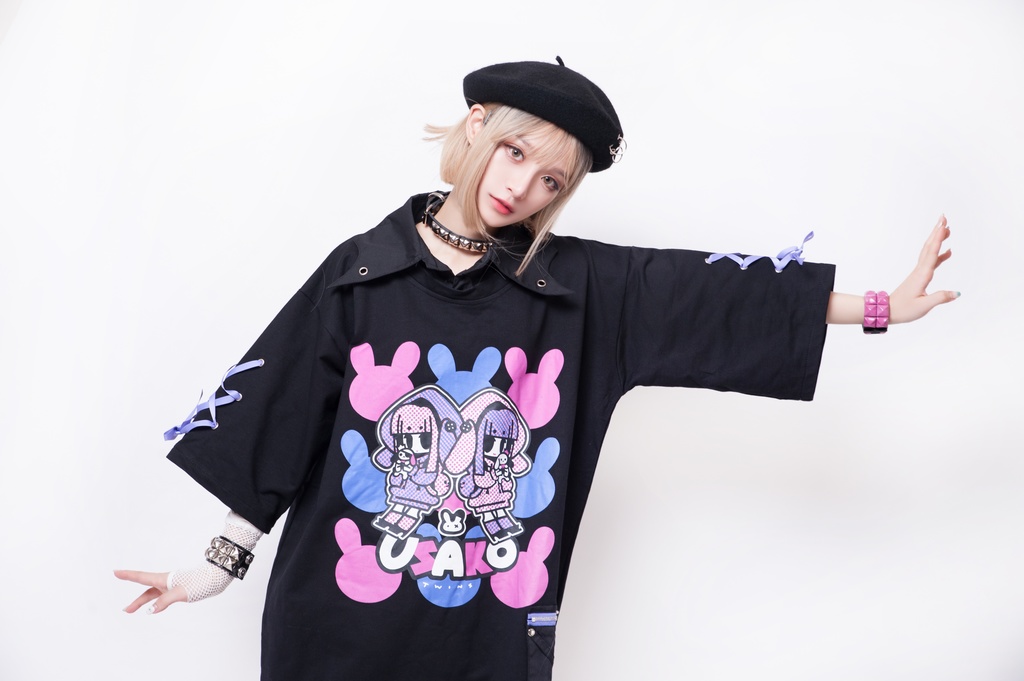 JillpunkオリジナルKERA ちび双子兎USAKOレースアップリボン袖レイヤードpoloネックゆったり Tシャツカットソー メンズ レディー V系おしゃれ大きいサイズ男女兼用ファッション秋葉系病みかわ萌え可愛いメンヘラヤンデレ