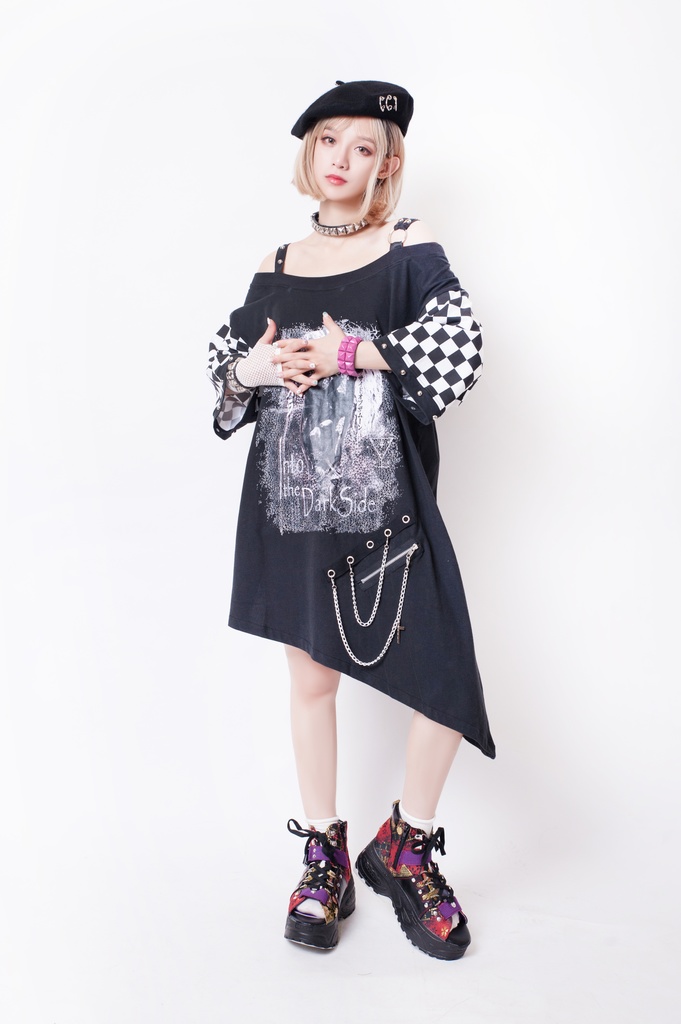 JillpunkオリジナルKERA メメントモリMemento moriガーゴイル悪魔聖堂ボートネックオフショルダーTシャツカットソー セクシーワンピースチェーン付きアシンメトリーチュニック メンズ レディー V系おしゃれ男女兼用ファッションゴシックカッコいい