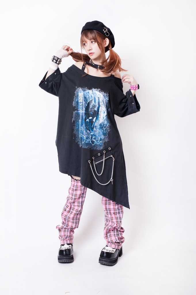 JillpunkオリジナルKERA メメントモリMemento moriガーゴイル悪魔聖堂ボートネックオフショルダーTシャツカットソー セクシーワンピースチェーン付きアシンメトリーチュニック メンズ レディー V系おしゃれ男女兼用ファッションゴシックカッコいい