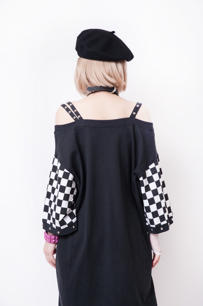 JillpunkオリジナルKERA メメントモリMemento moriガーゴイル悪魔聖堂ボートネックオフショルダーTシャツカットソー セクシーワンピースチェーン付きアシンメトリーチュニック メンズ レディー V系おしゃれ男女兼用ファッションゴシックカッコいい