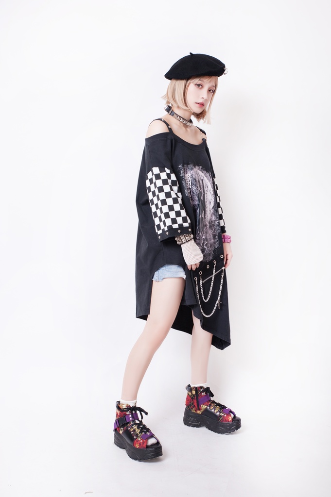 JillpunkオリジナルKERA メメントモリMemento moriガーゴイル悪魔聖堂ボートネックオフショルダーTシャツカットソー セクシーワンピースチェーン付きアシンメトリーチュニック メンズ レディー V系おしゃれ男女兼用ファッションゴシックカッコいい