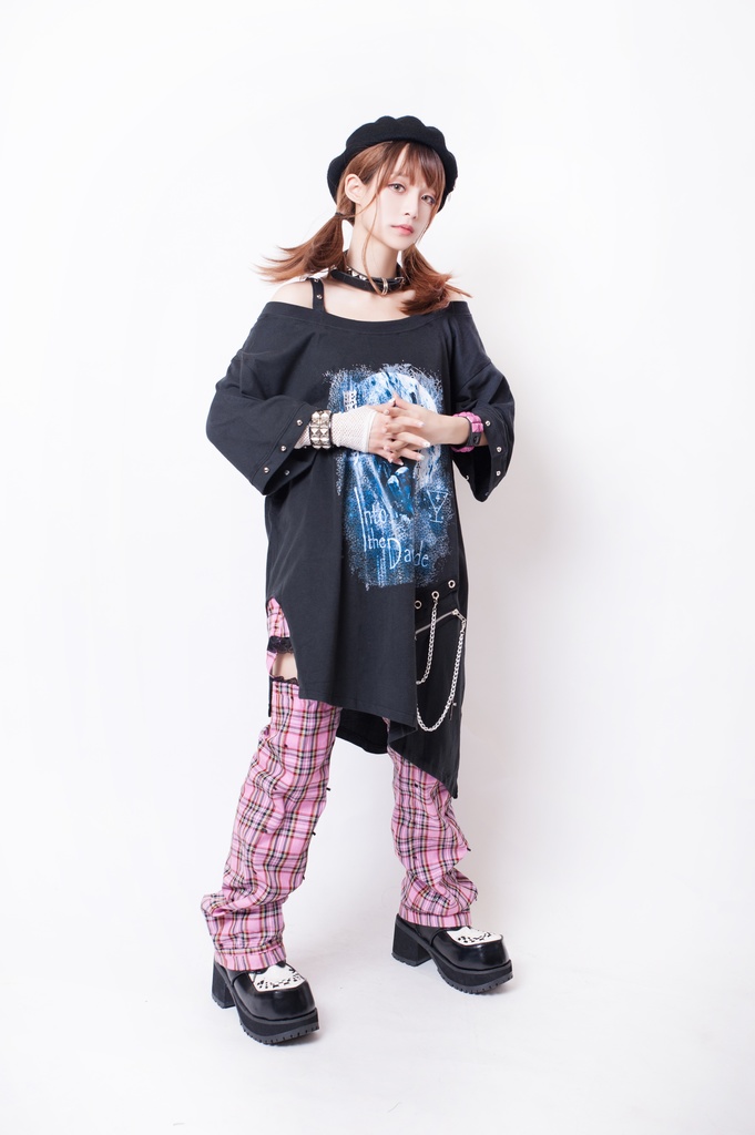 JillpunkオリジナルKERA メメントモリMemento moriガーゴイル悪魔聖堂ボートネックオフショルダーTシャツカットソー セクシーワンピースチェーン付きアシンメトリーチュニック メンズ レディー V系おしゃれ男女兼用ファッションゴシックカッコいい