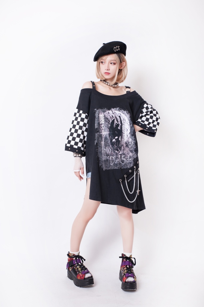 JillpunkオリジナルKERA メメントモリMemento moriガーゴイル悪魔聖堂ボートネックオフショルダーTシャツカットソー セクシーワンピースチェーン付きアシンメトリーチュニック メンズ レディー V系おしゃれ男女兼用ファッションゴシックカッコいい