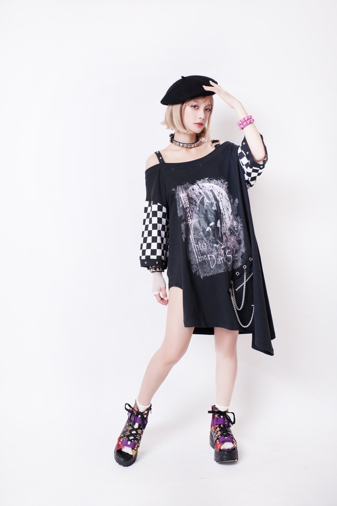 JillpunkオリジナルKERA メメントモリMemento moriガーゴイル悪魔聖堂ボートネックオフショルダーTシャツカットソー セクシーワンピースチェーン付きアシンメトリーチュニック メンズ レディー V系おしゃれ男女兼用ファッションゴシックカッコいい